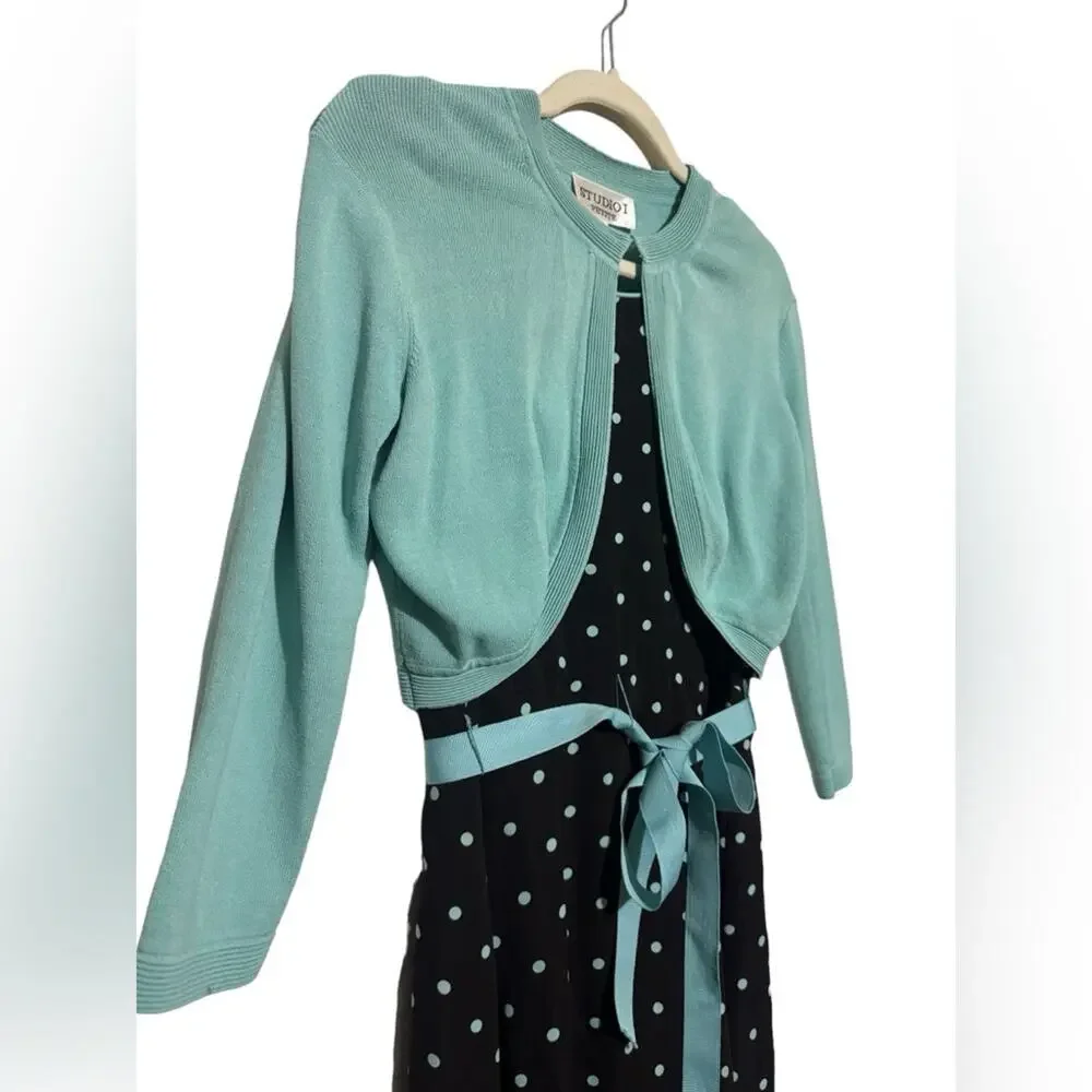 Studio I‎ Mint Teal Brown Polka Dot Long Modest Fit Flare Dress Sweater Size 8
